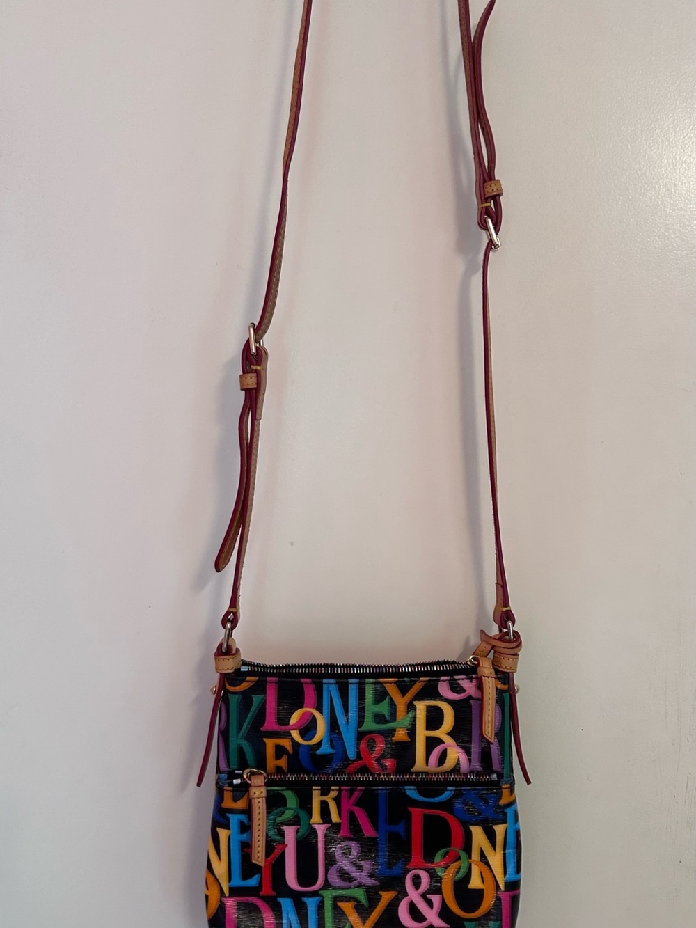 Dooney & Bourke Multicolor Logo Crossbody with Tan Strap